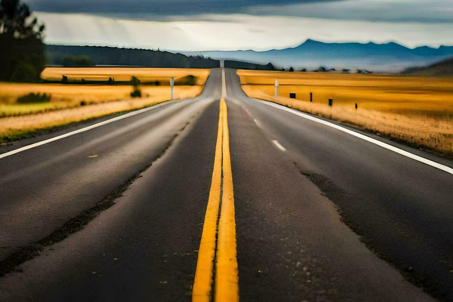 un largo vacío la carretera con amarillo líneas. generado por ai foto