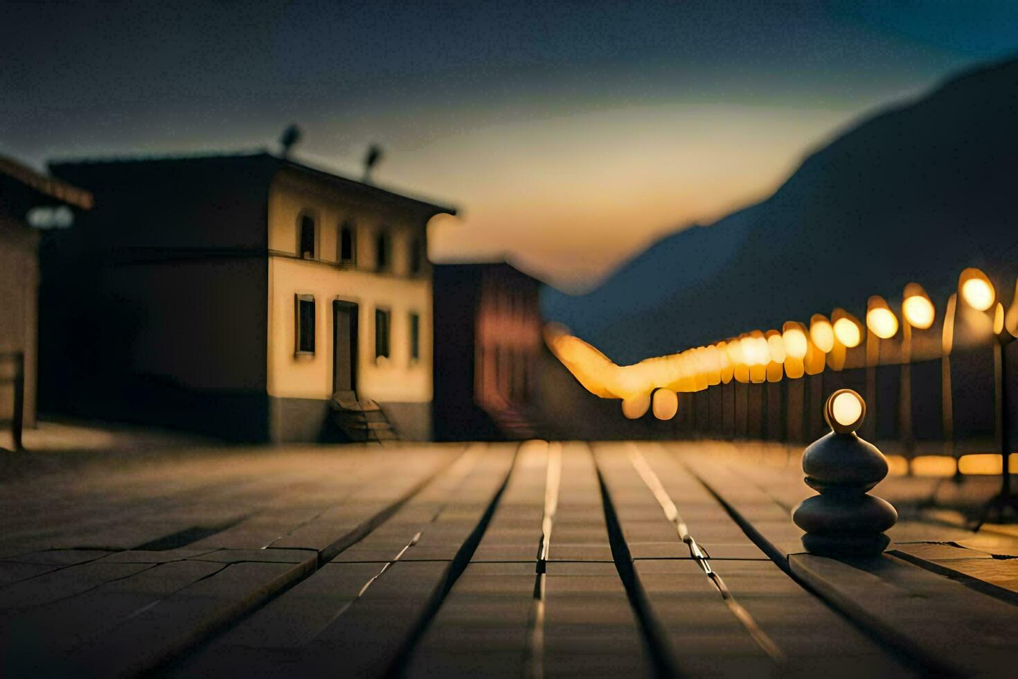 a wooden walkway with lights on it at night. AI-Generated photo