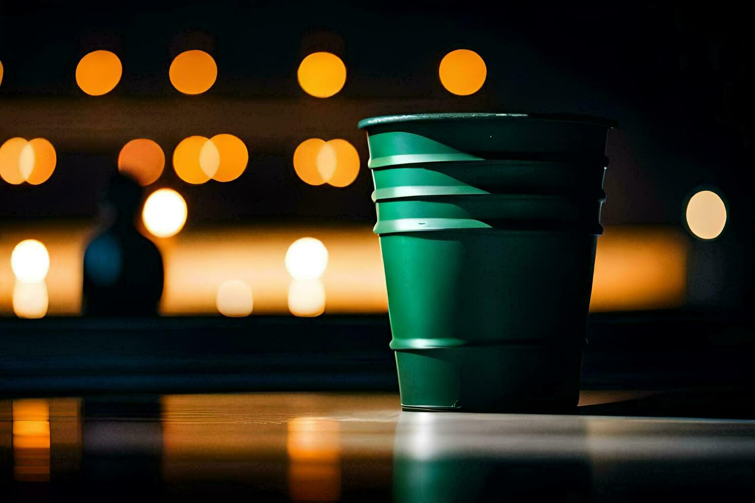 un verde taza sentado en un mesa en frente de un iluminado ventana. generado por ai foto
