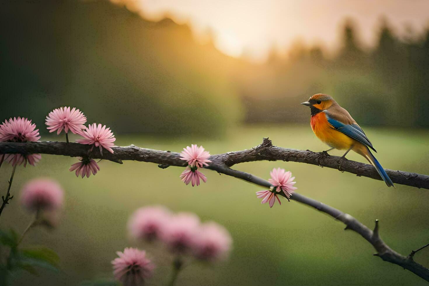 photo wallpaper the sun, flowers, bird, nature, spring, the forest, the bird,. AI-Generated