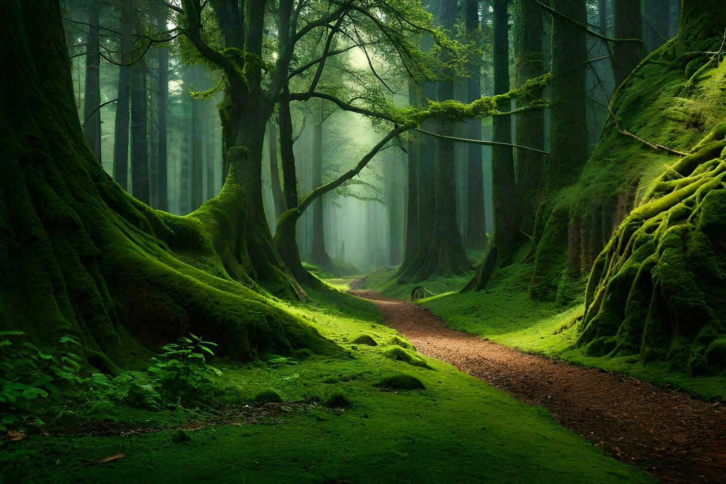 a path through a green forest with mossy trees. AI-Generated photo