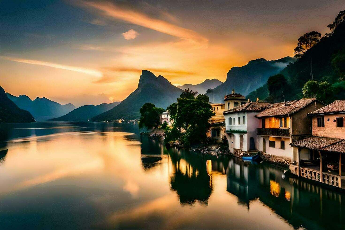 a beautiful sunset over a river in china. AI-Generated photo