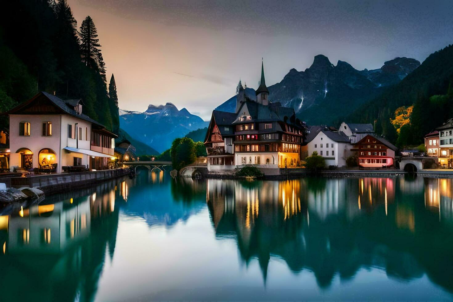 a town is reflected in the water at dusk. AI-Generated photo