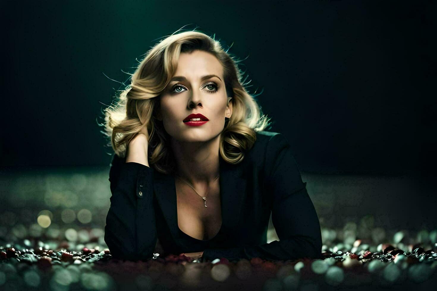 a woman in black jacket laying on the ground. AI-Generated photo
