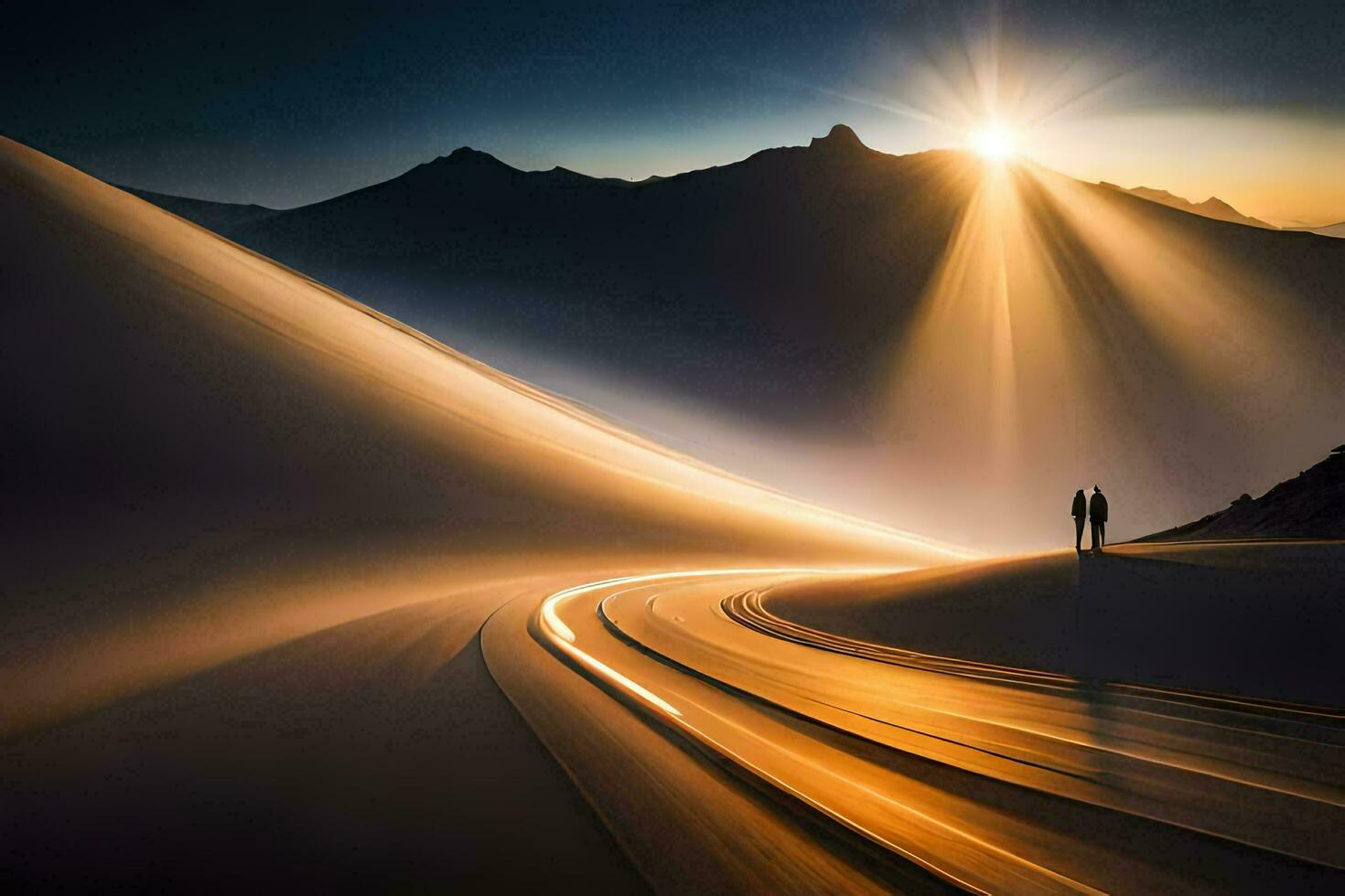a man standing on a mountain with the sun shining behind him. AI-Generated photo