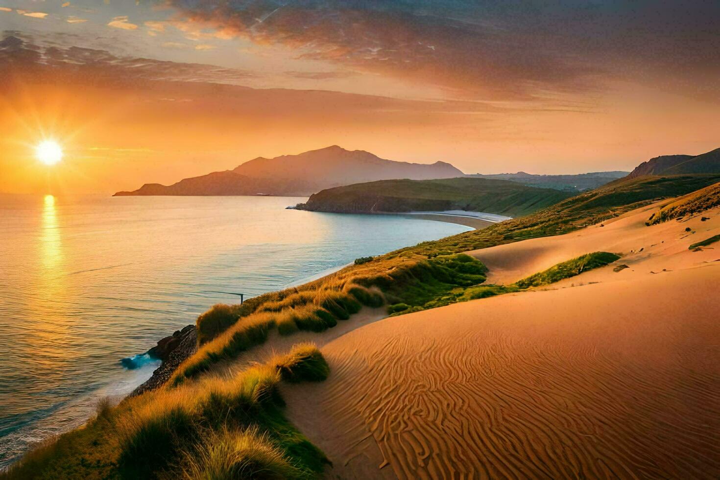 the sun rises over the ocean and sand dunes. AI-Generated photo