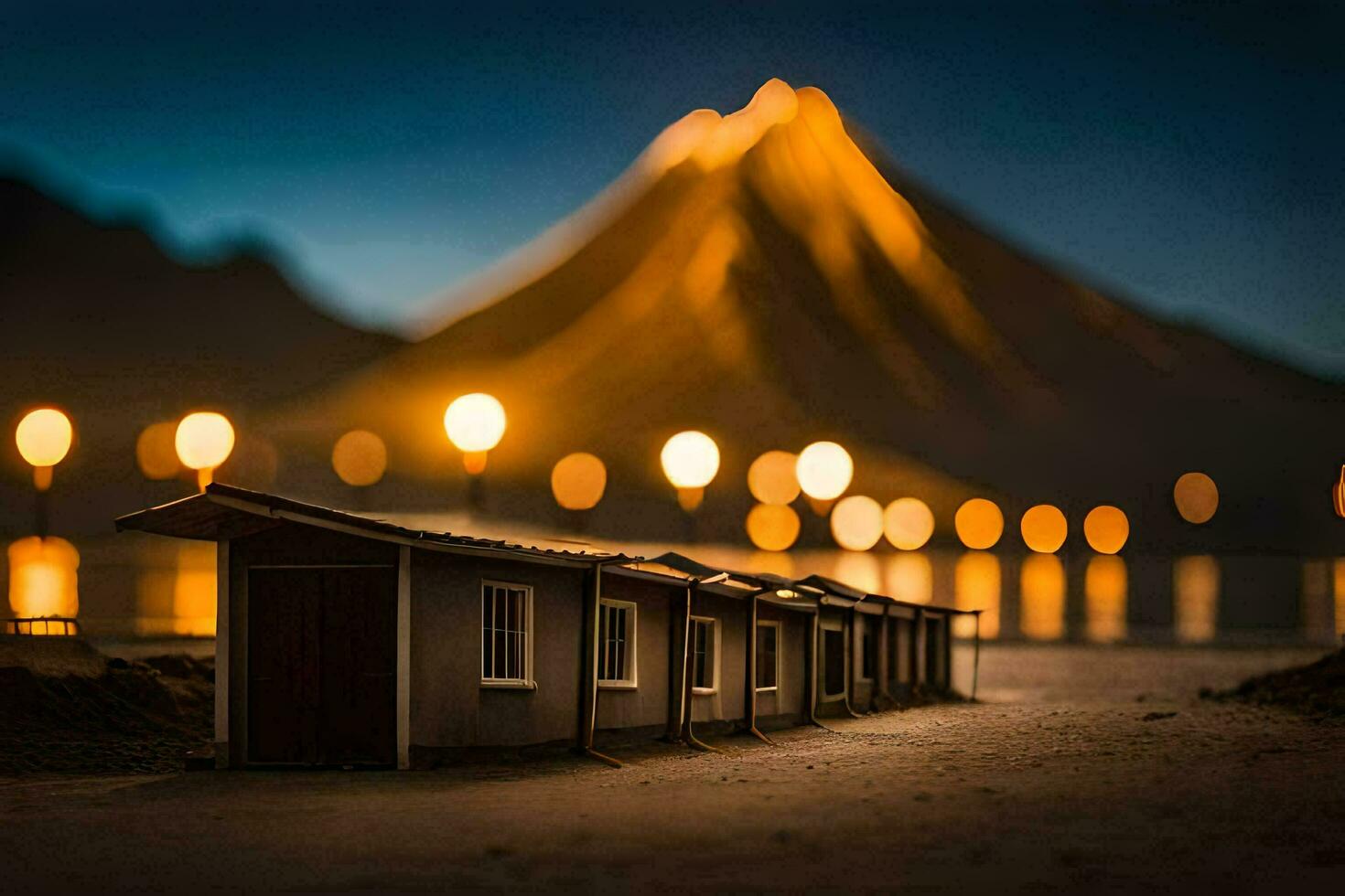 a small house sits on the beach at night. AI-Generated photo