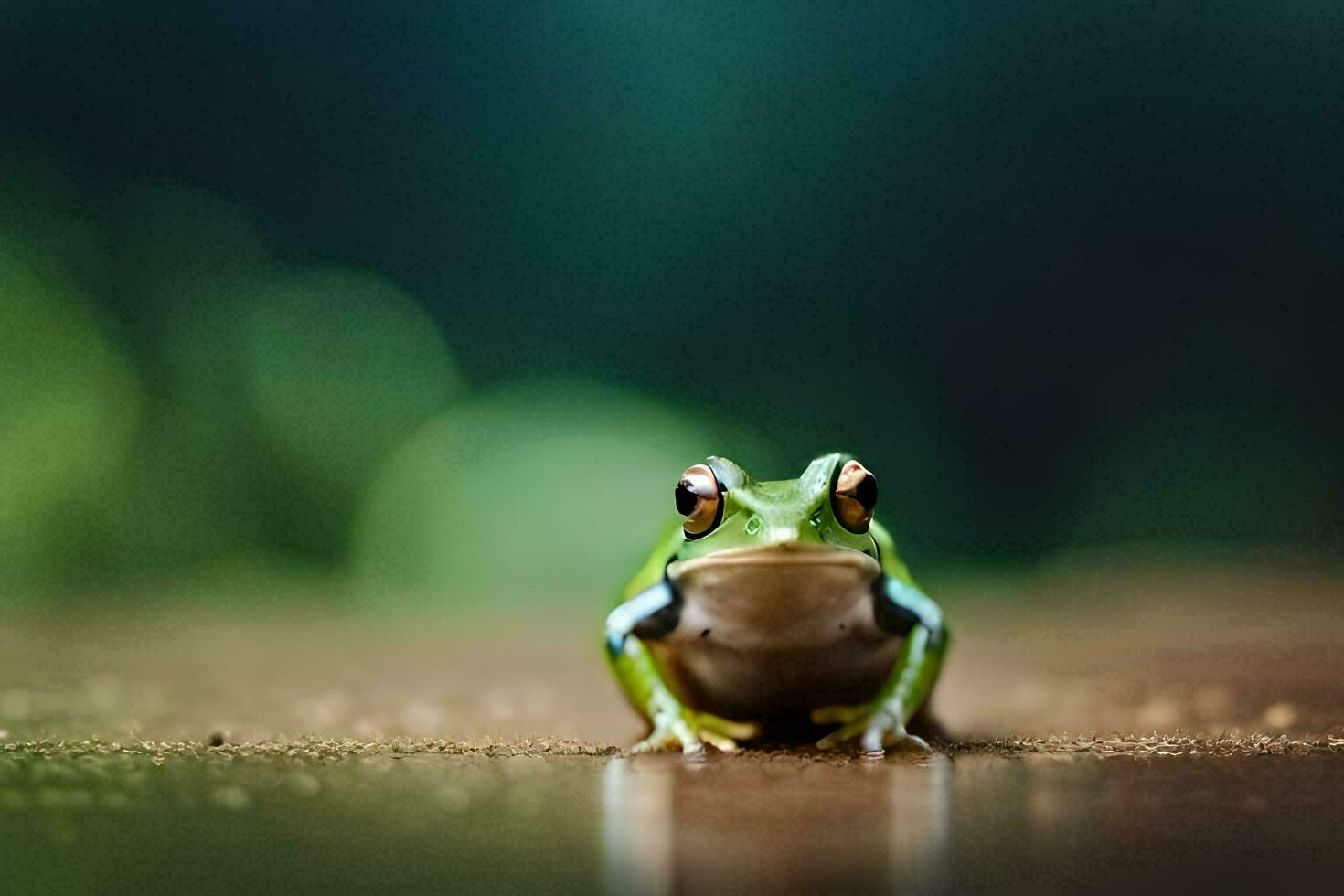 a frog sitting on the ground with a blurry background. AI-Generated photo
