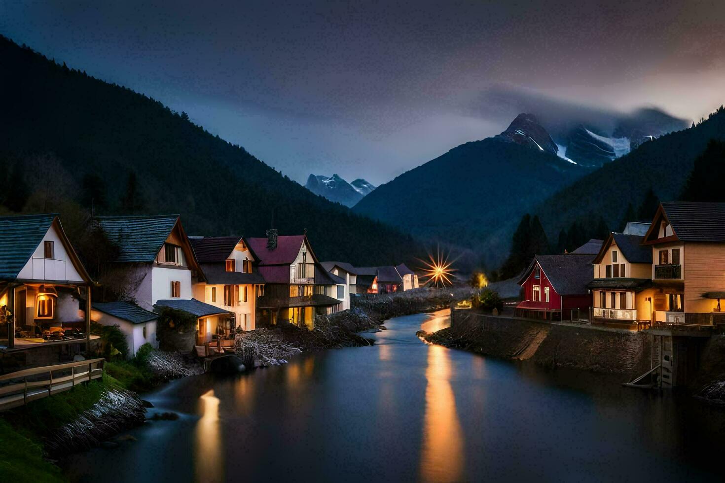 a river runs through a town at night. AI-Generated photo