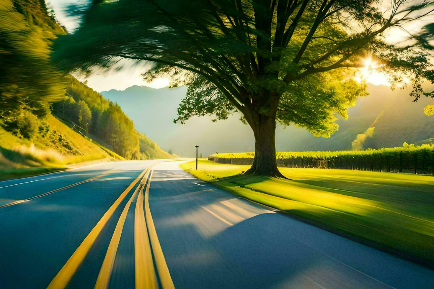 a tree is in the middle of the road. AI-Generated photo