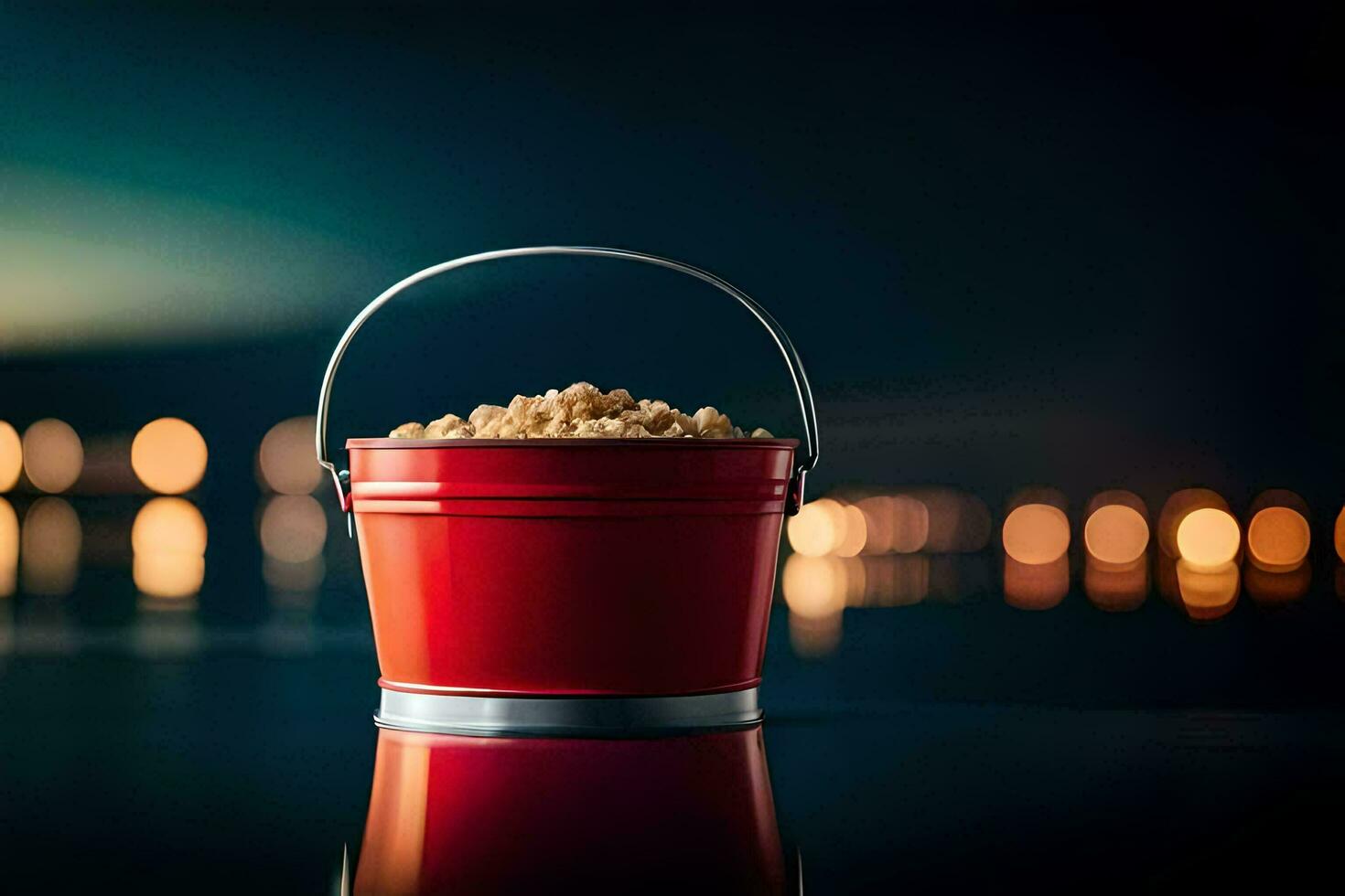 a bucket of popcorn on a table in front of a city. AI-Generated photo