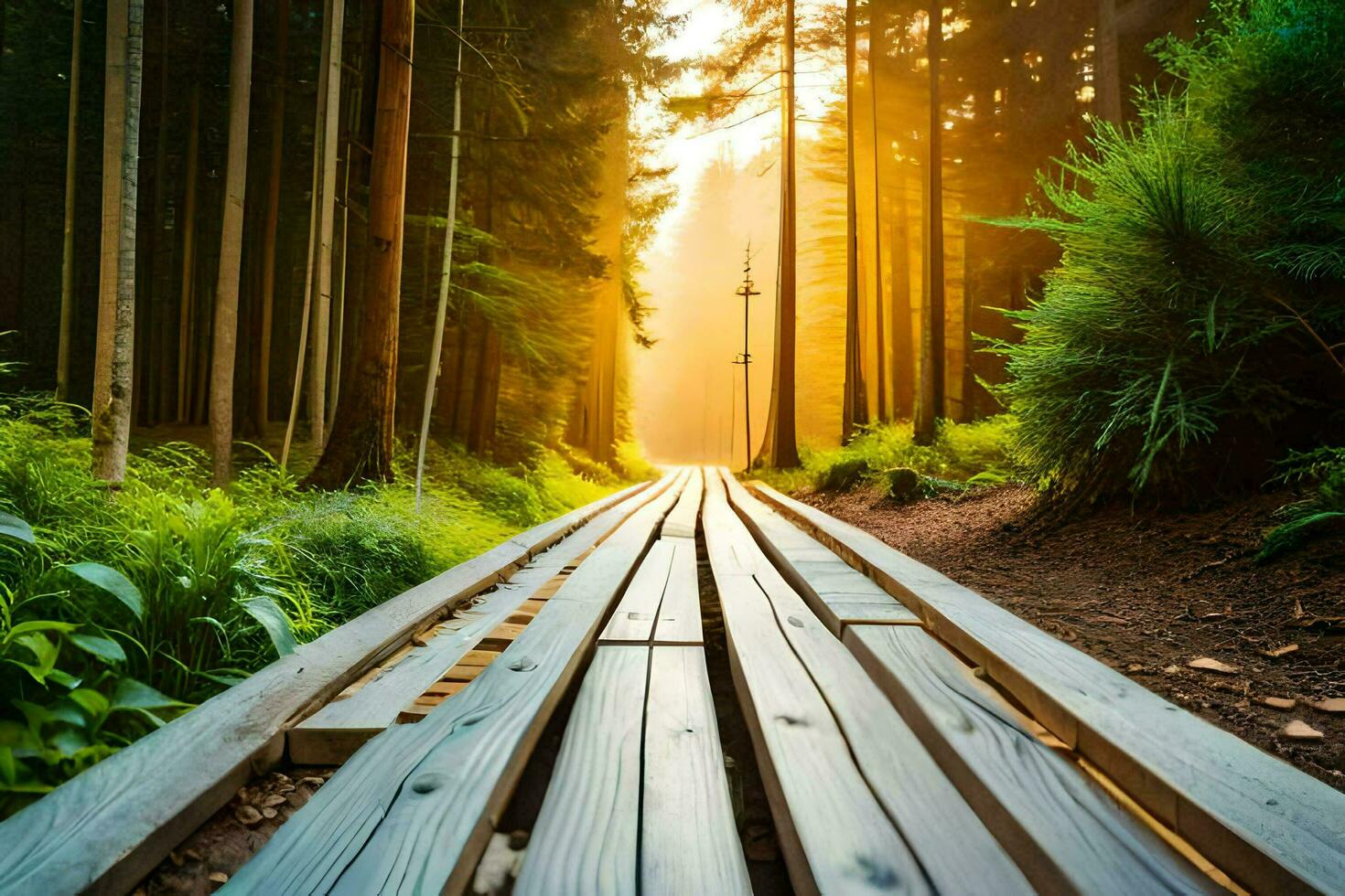 wooden path in the forest at sunrise. AI-Generated photo