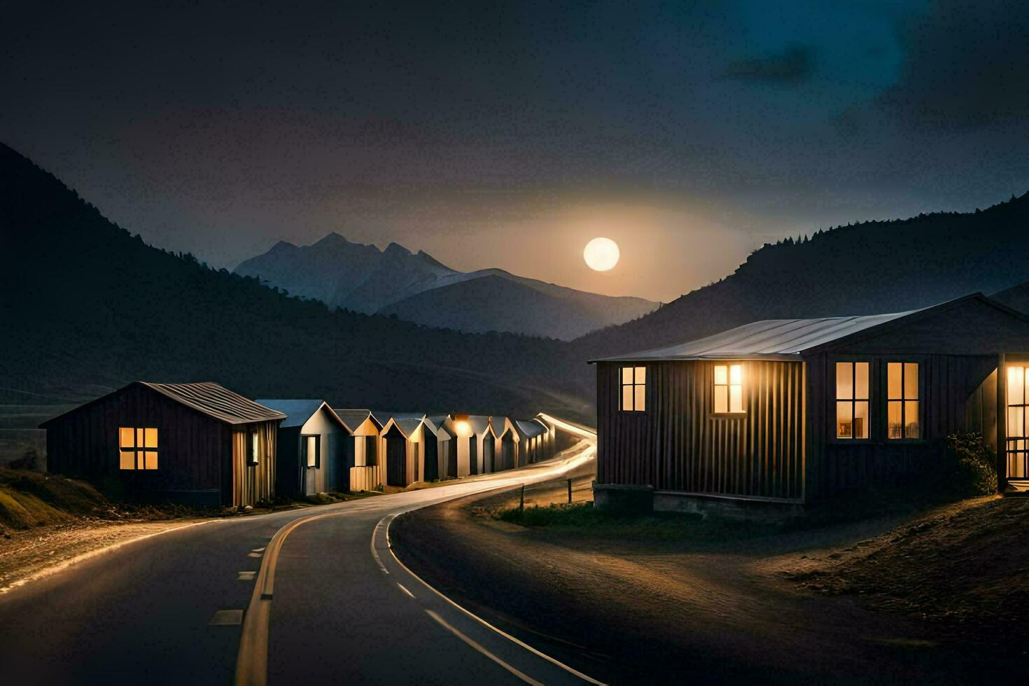 a road with houses and a mountain in the background. AI-Generated photo