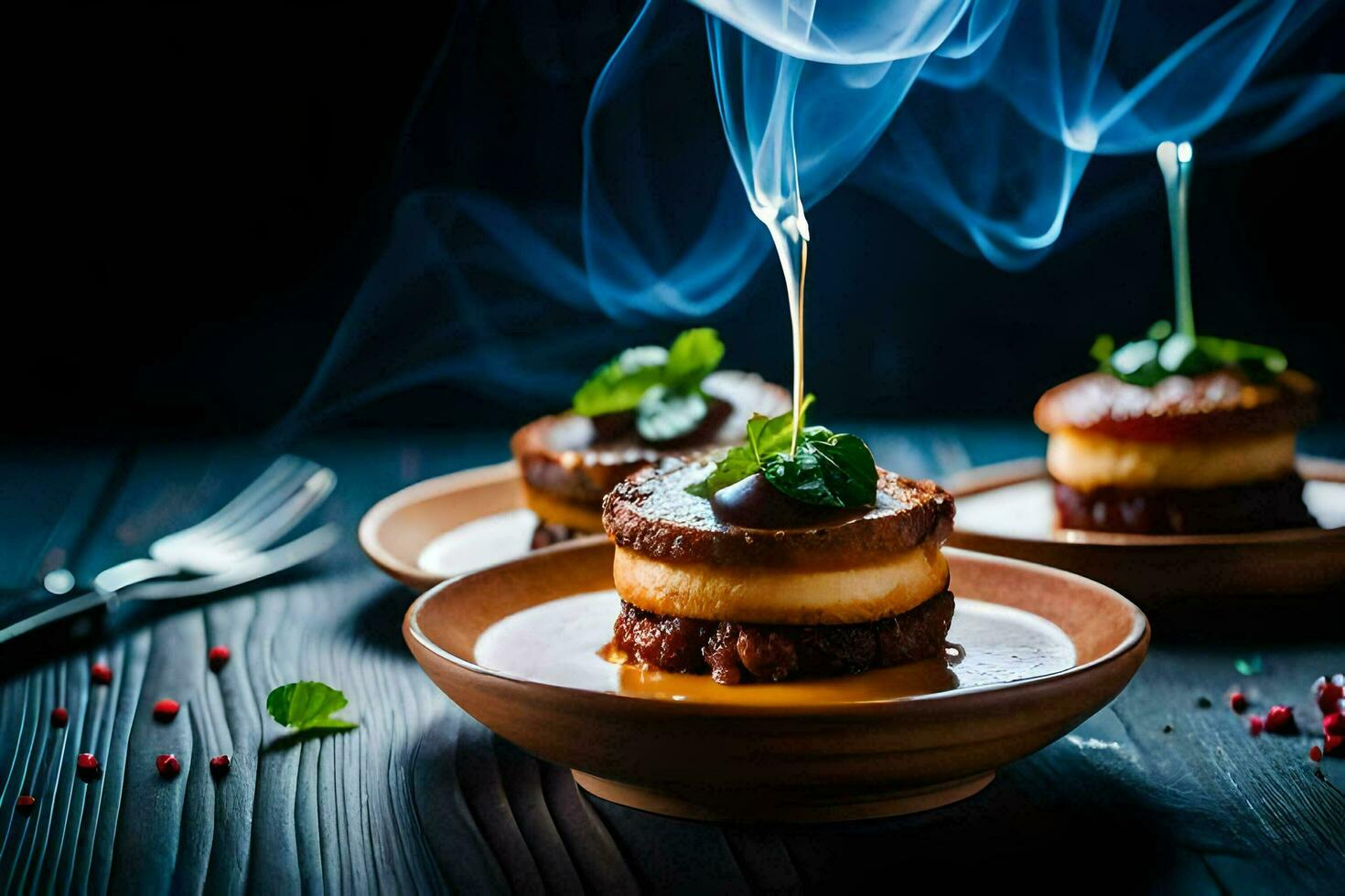three small cakes with smoke coming out of them. AI-Generated photo