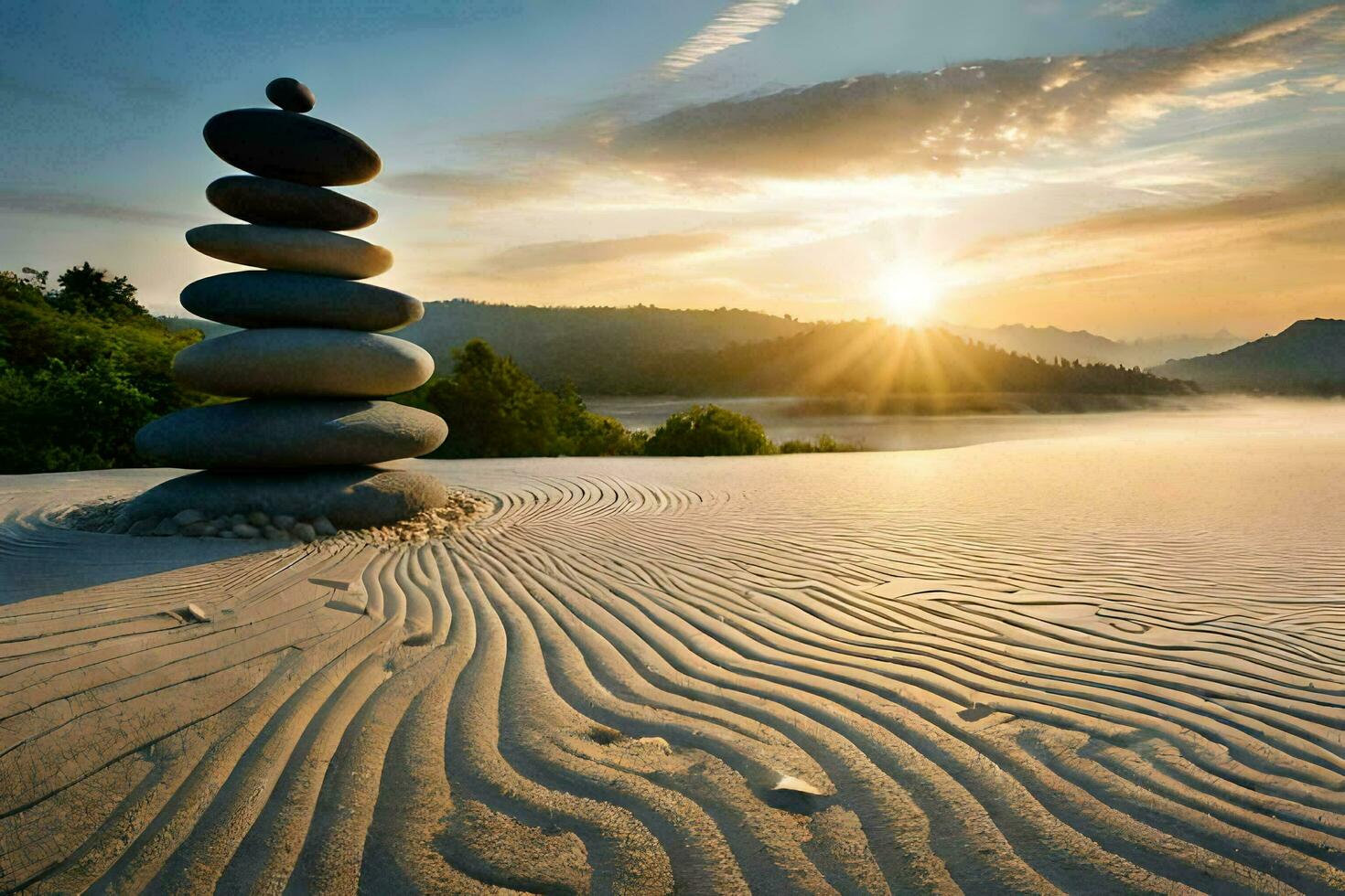 a stack of rocks on the beach at sunset. AI-Generated photo