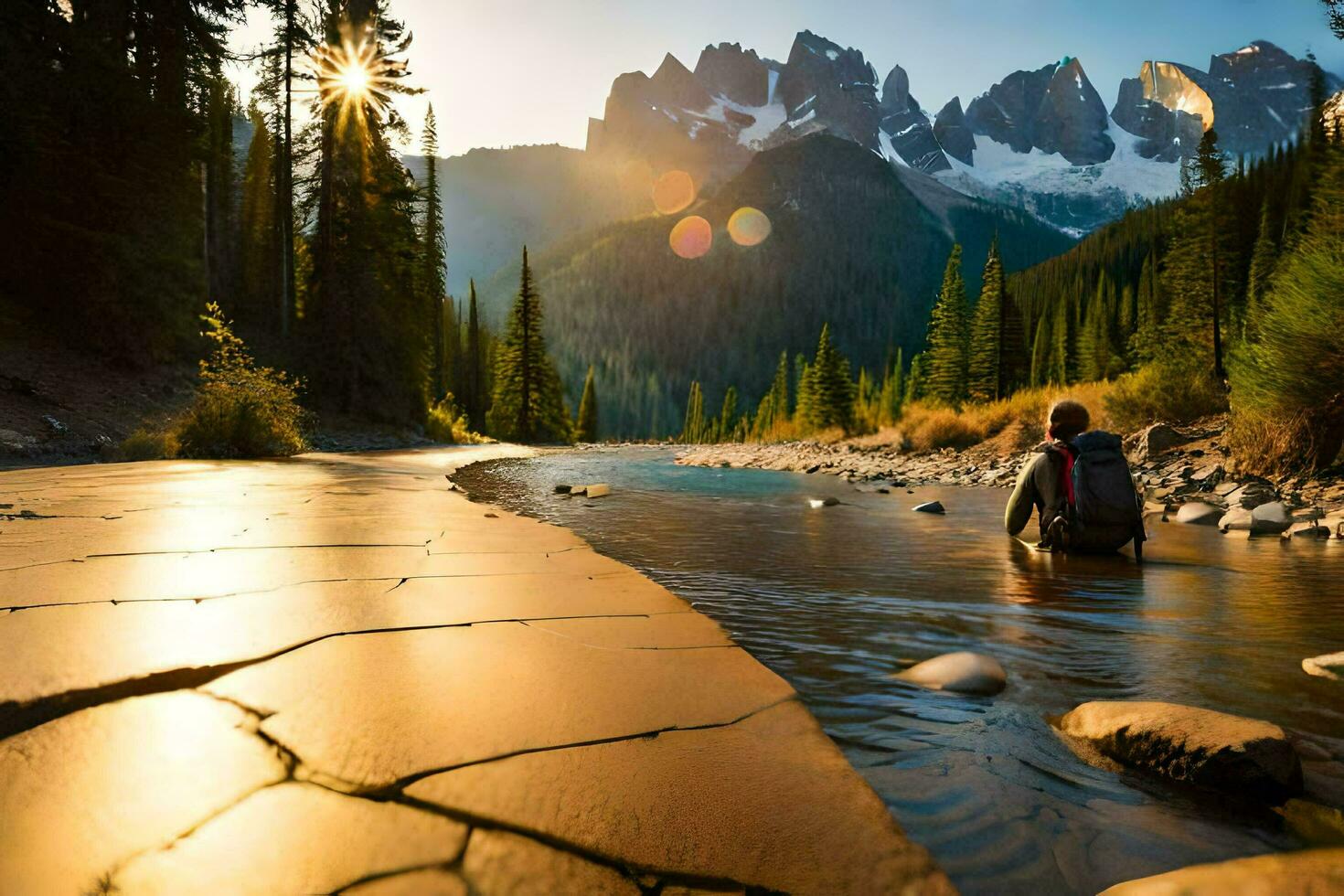 a man is sitting on the edge of a river in the mountains. AI-Generated photo