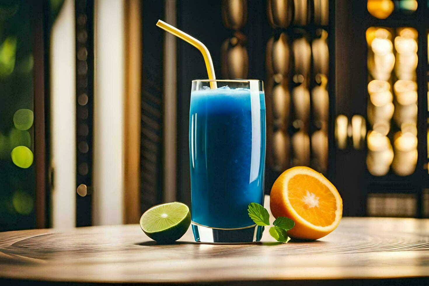 blue drink in a glass with orange slices. AI-Generated photo