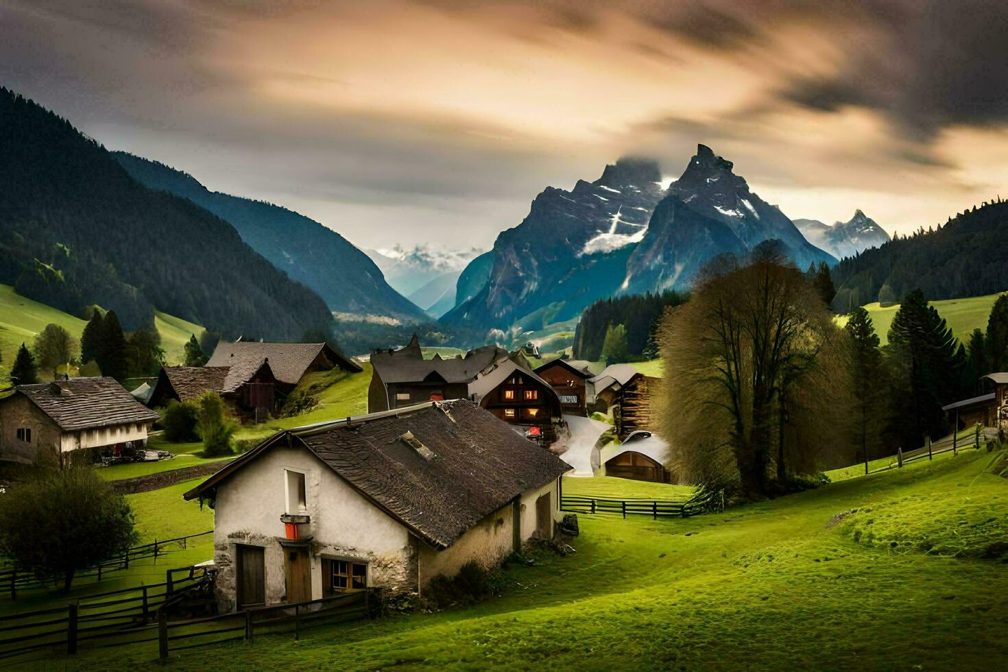 a village in the mountains with green grass and mountains. AI-Generated photo