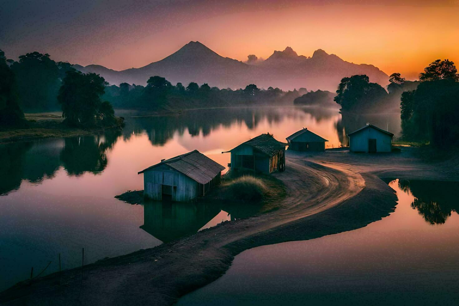 el amanecer terminado el lago. generado por ai foto