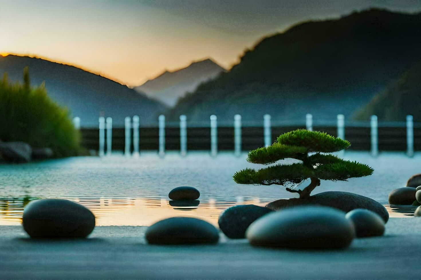 the bonsai tree in the water. AI-Generated photo