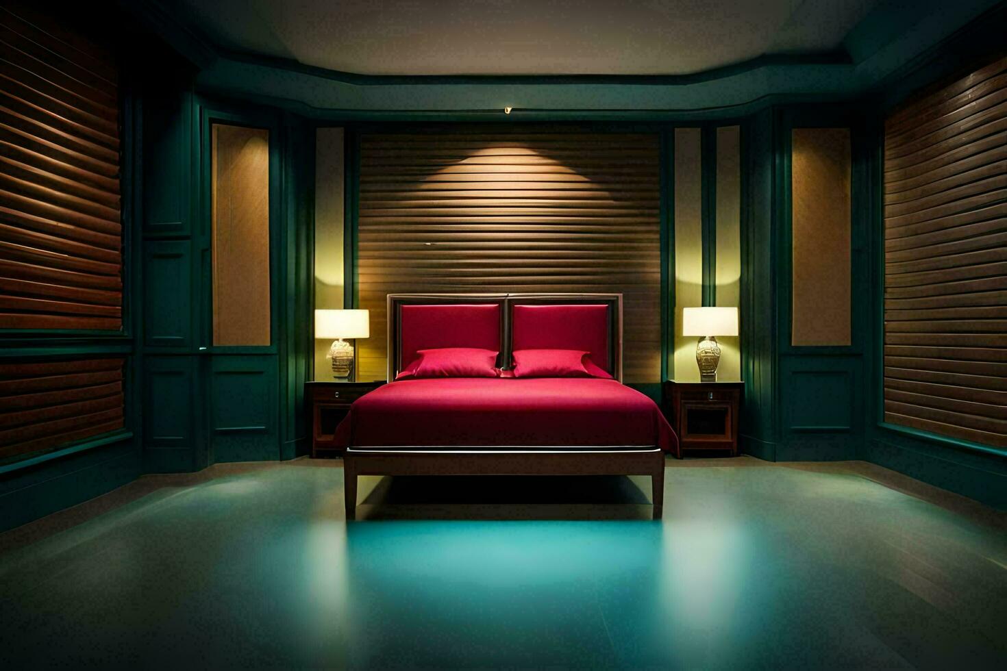 a bedroom with a red bed and blue walls. AI-Generated photo