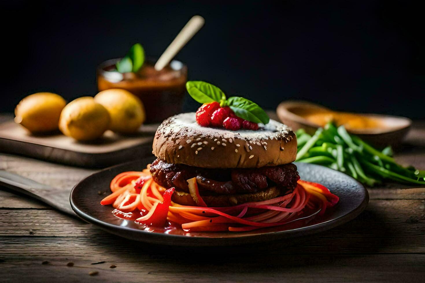 a hamburger with vegetables and sauce on a plate. AI-Generated photo