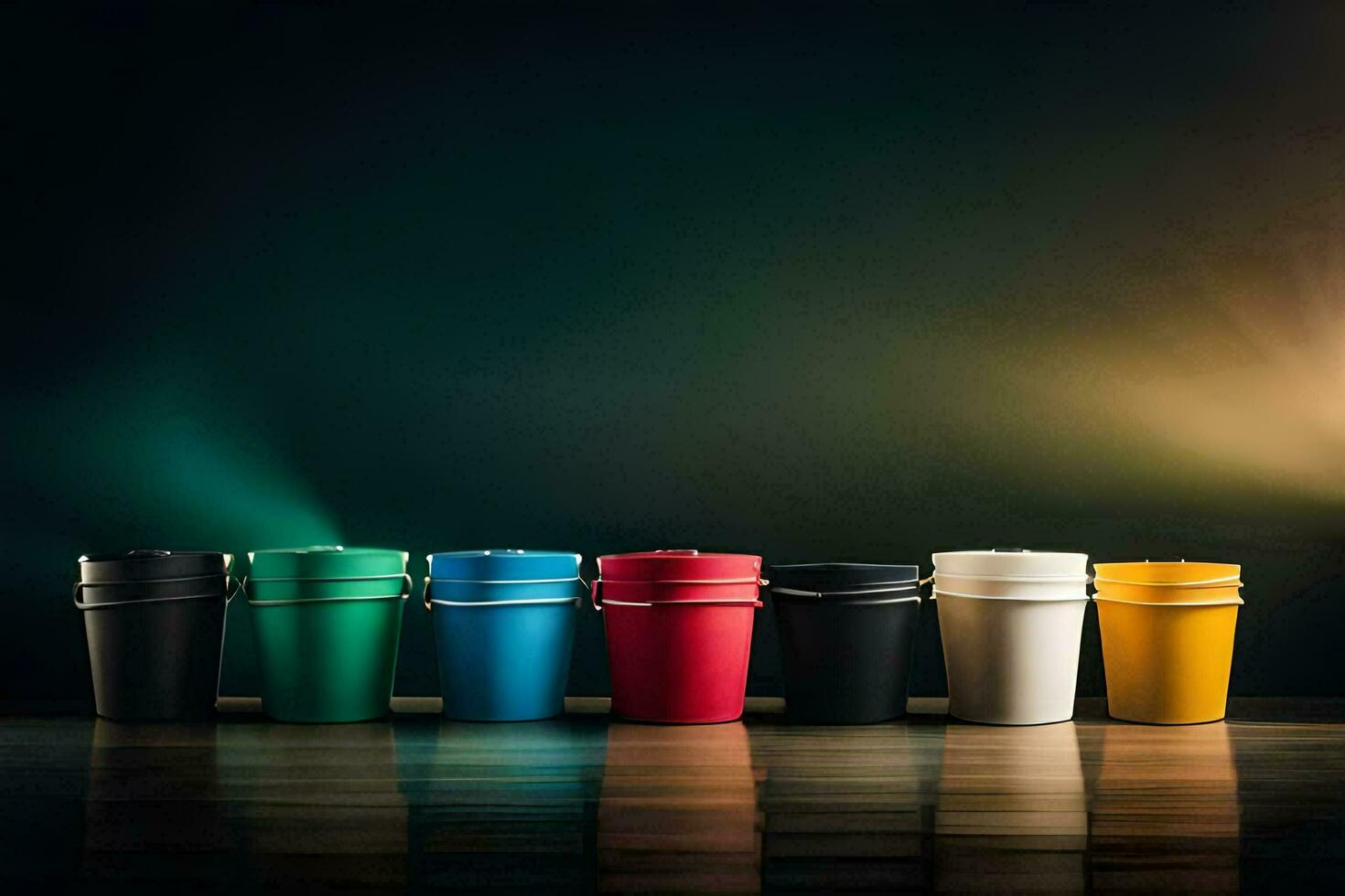 a row of colorful coffee cups on a dark background. AI-Generated photo