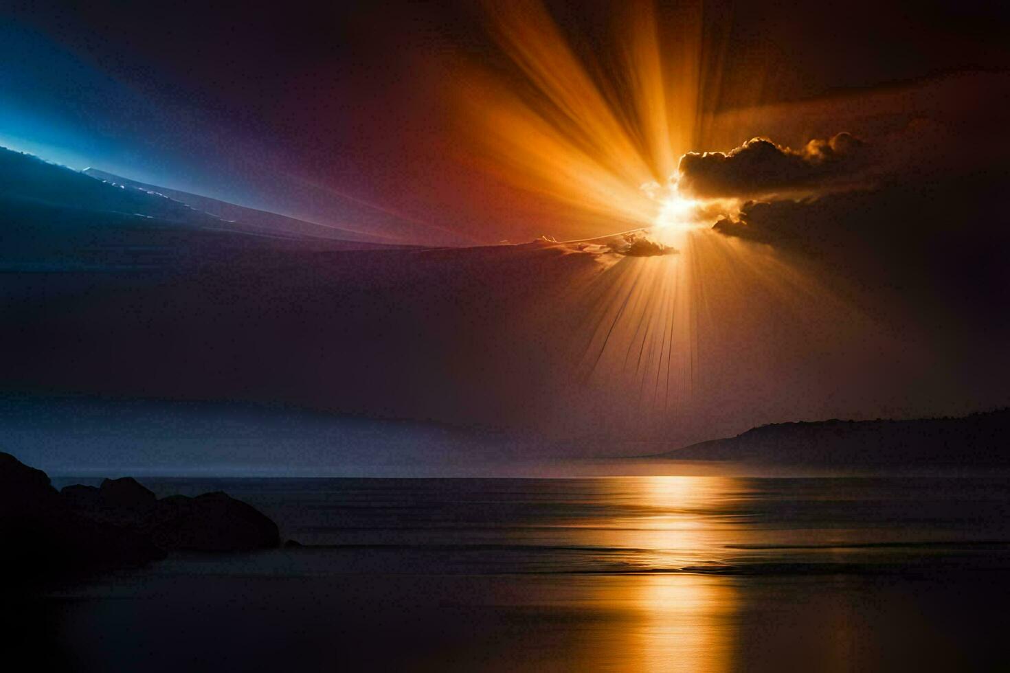 a bright light shines over the ocean. AI-Generated photo