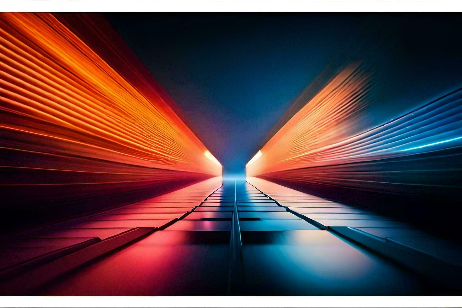 a photograph of a long tunnel with light trails. AI-Generated photo