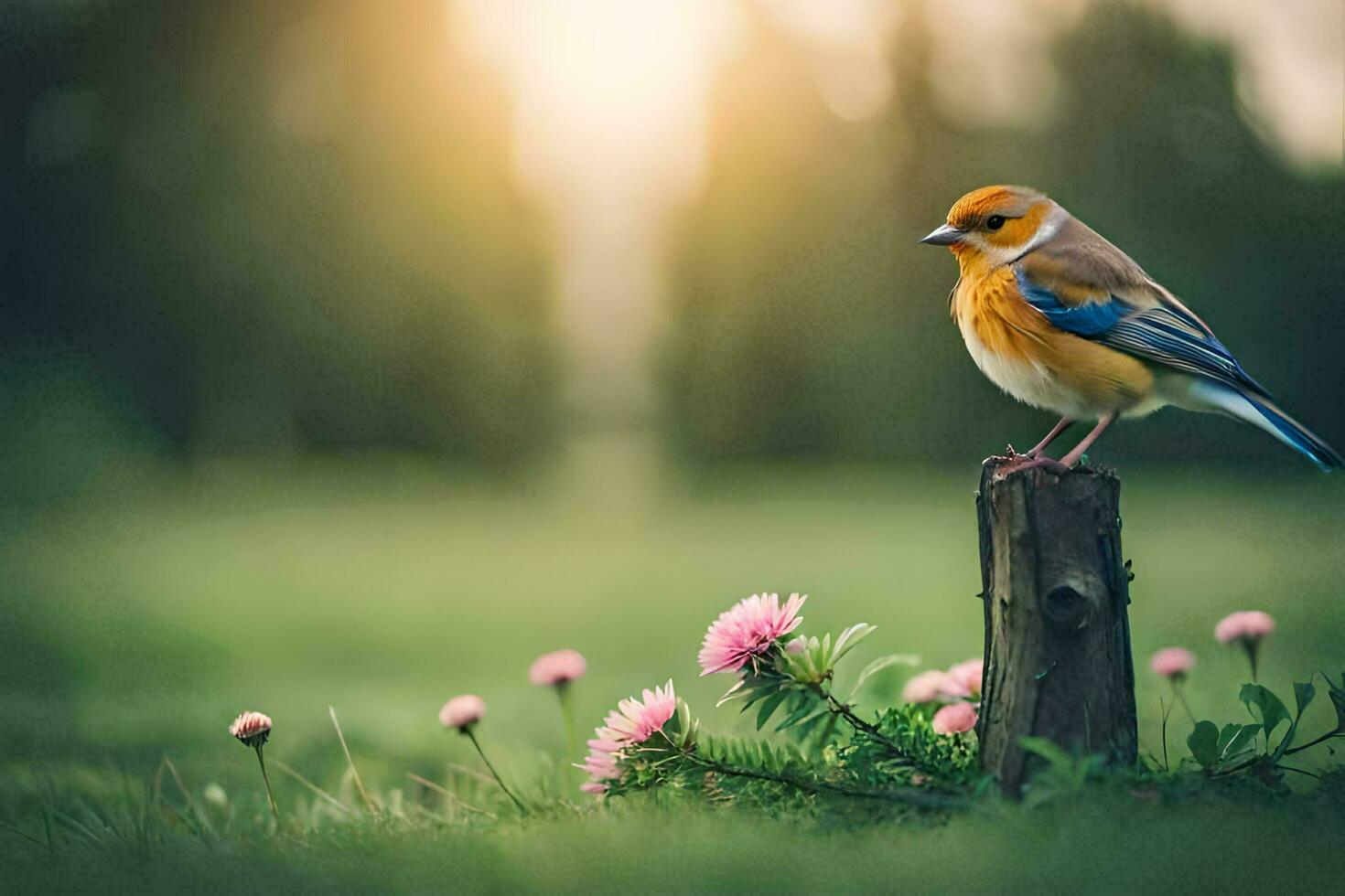 a bird is perched on a post in a field. AI-Generated photo