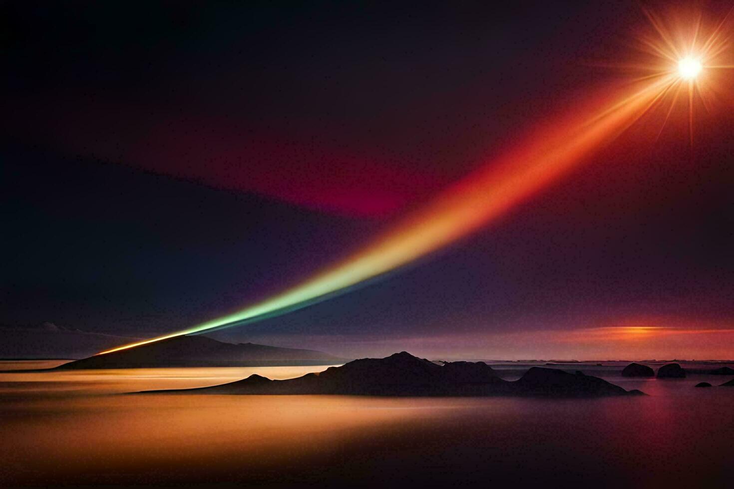 a rainbow light is shining over the ocean. AI-Generated photo
