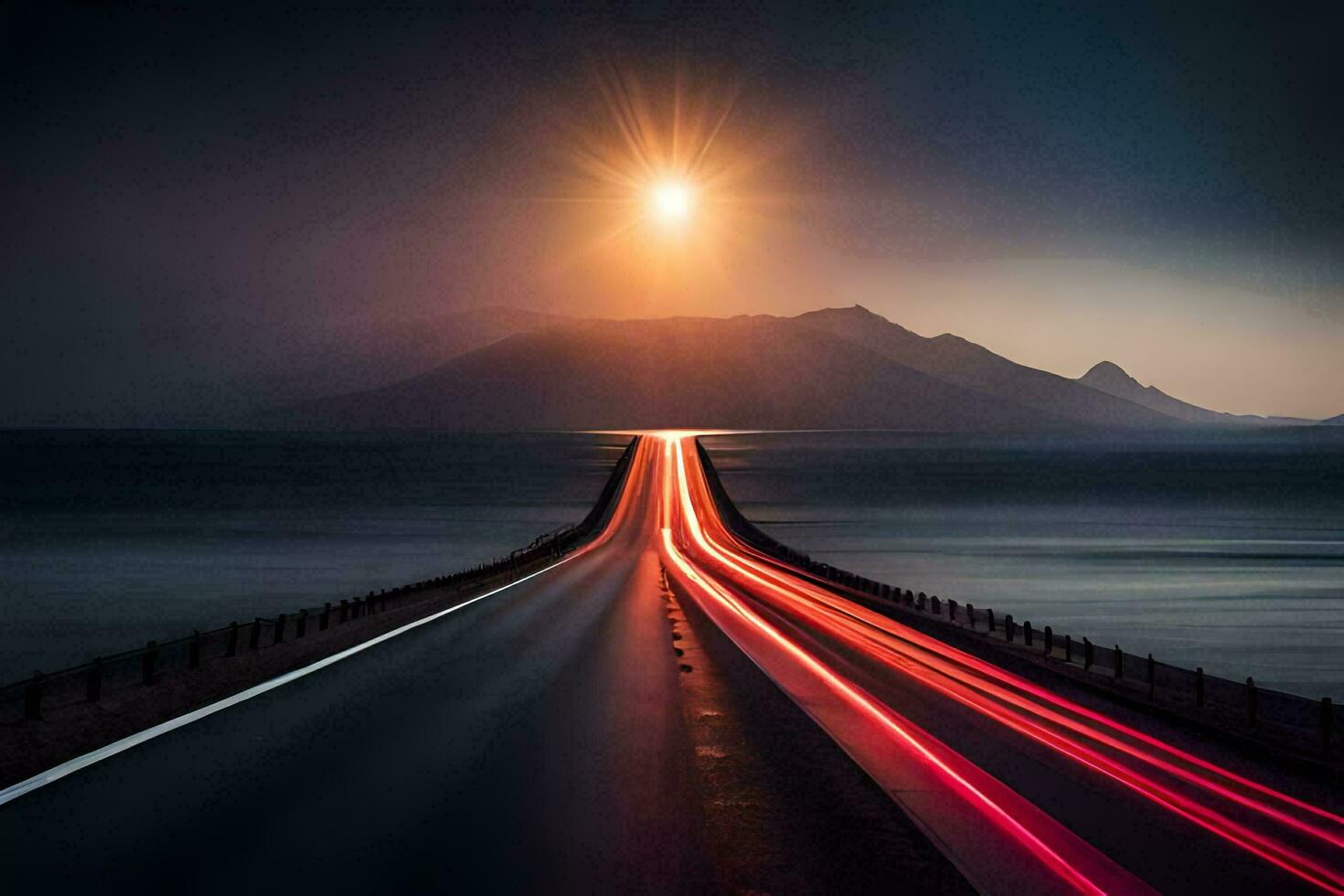 a long exposure photo of a road with the sun shining on it. AI-Generated