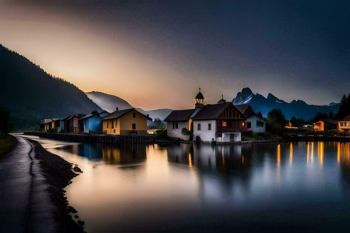 un río carreras mediante un pueblo a oscuridad. generado por ai foto