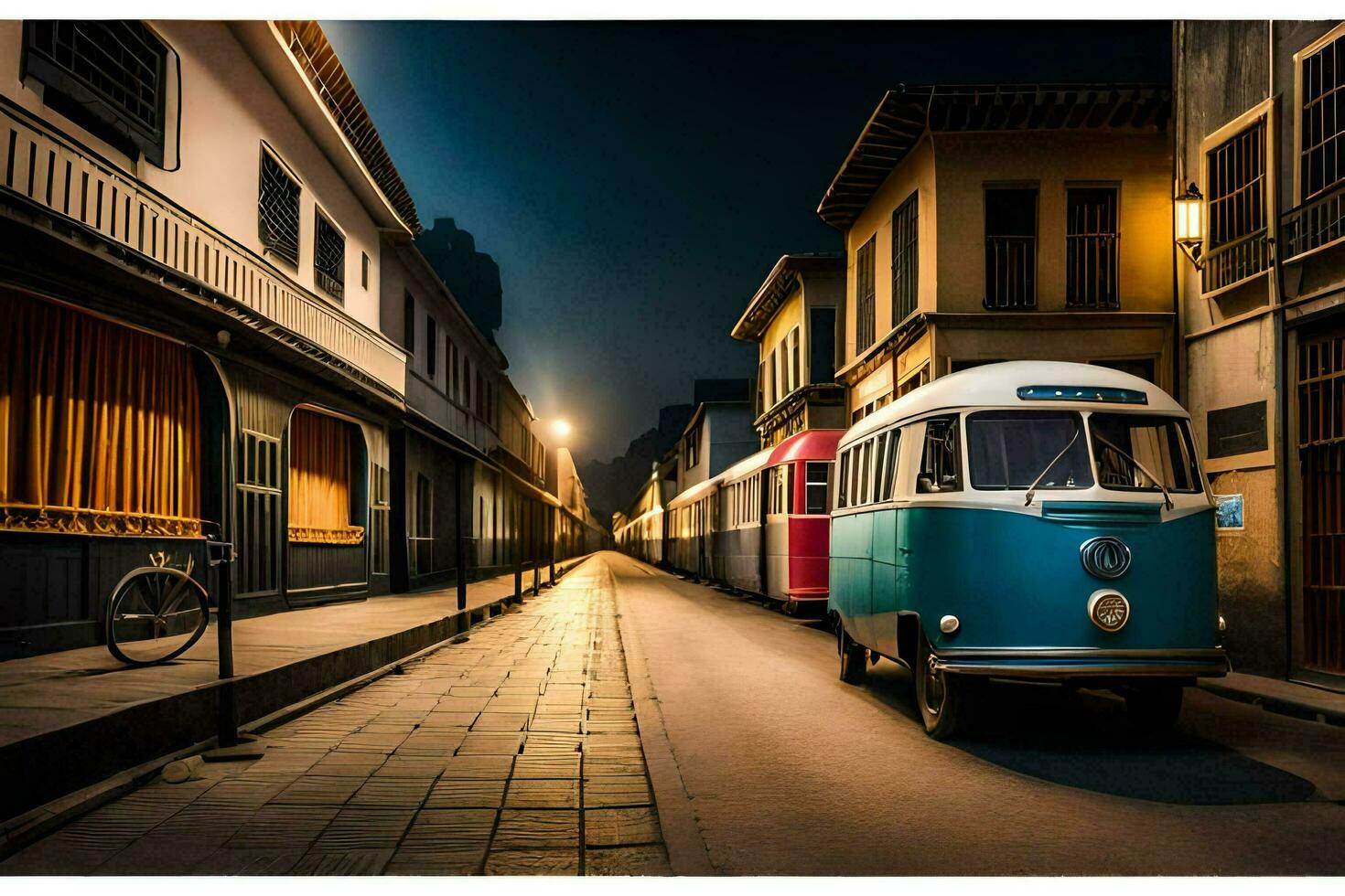 a blue and white bus parked on a narrow street. AI-Generated photo