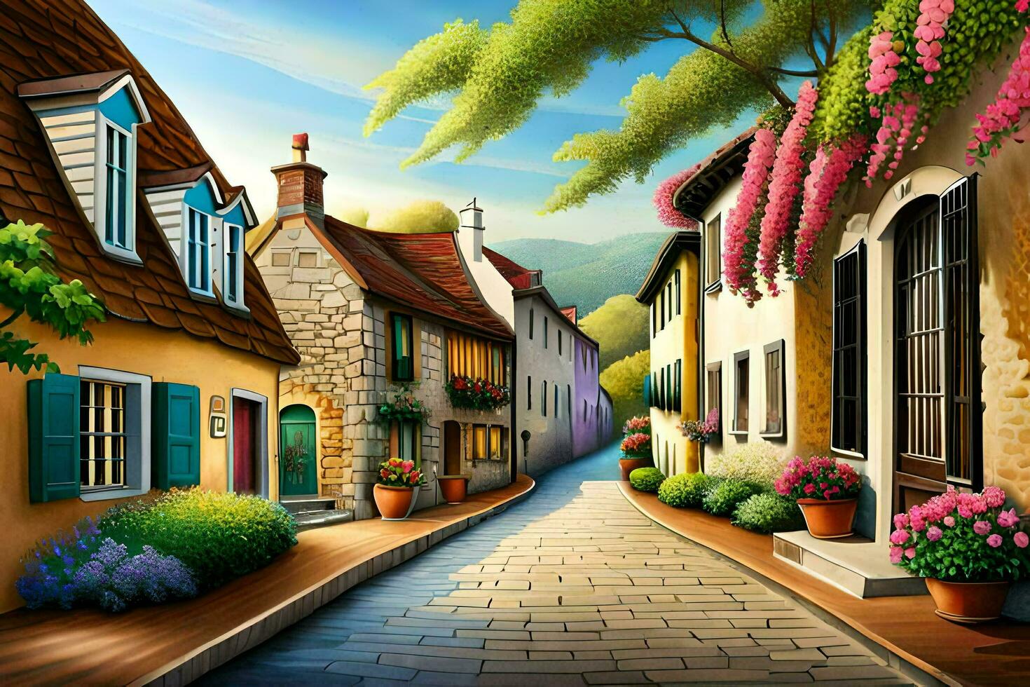 an illustration of a street in a village. AI-Generated photo