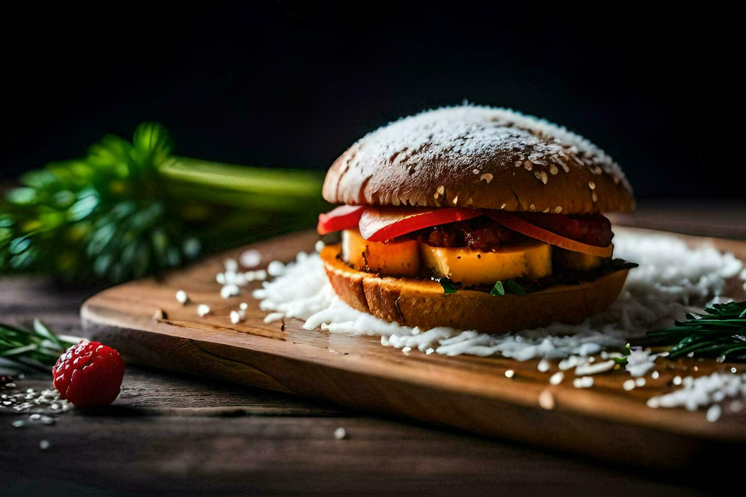 a hamburger with vegetables and herbs on a wooden cutting board. AI-Generated photo