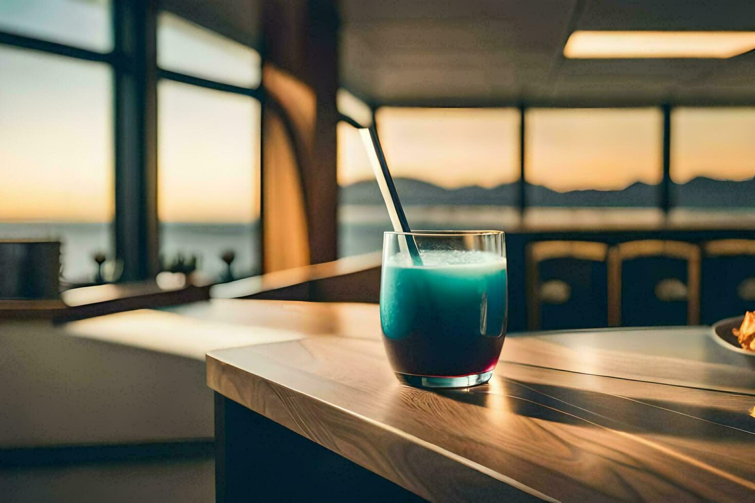 a glass of blue drink sitting on a table. AI-Generated photo