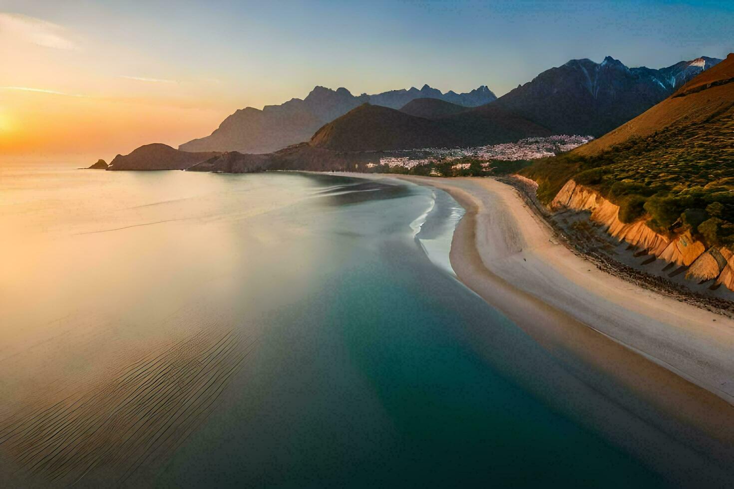 the sun sets over the beach and mountains. AI-Generated photo