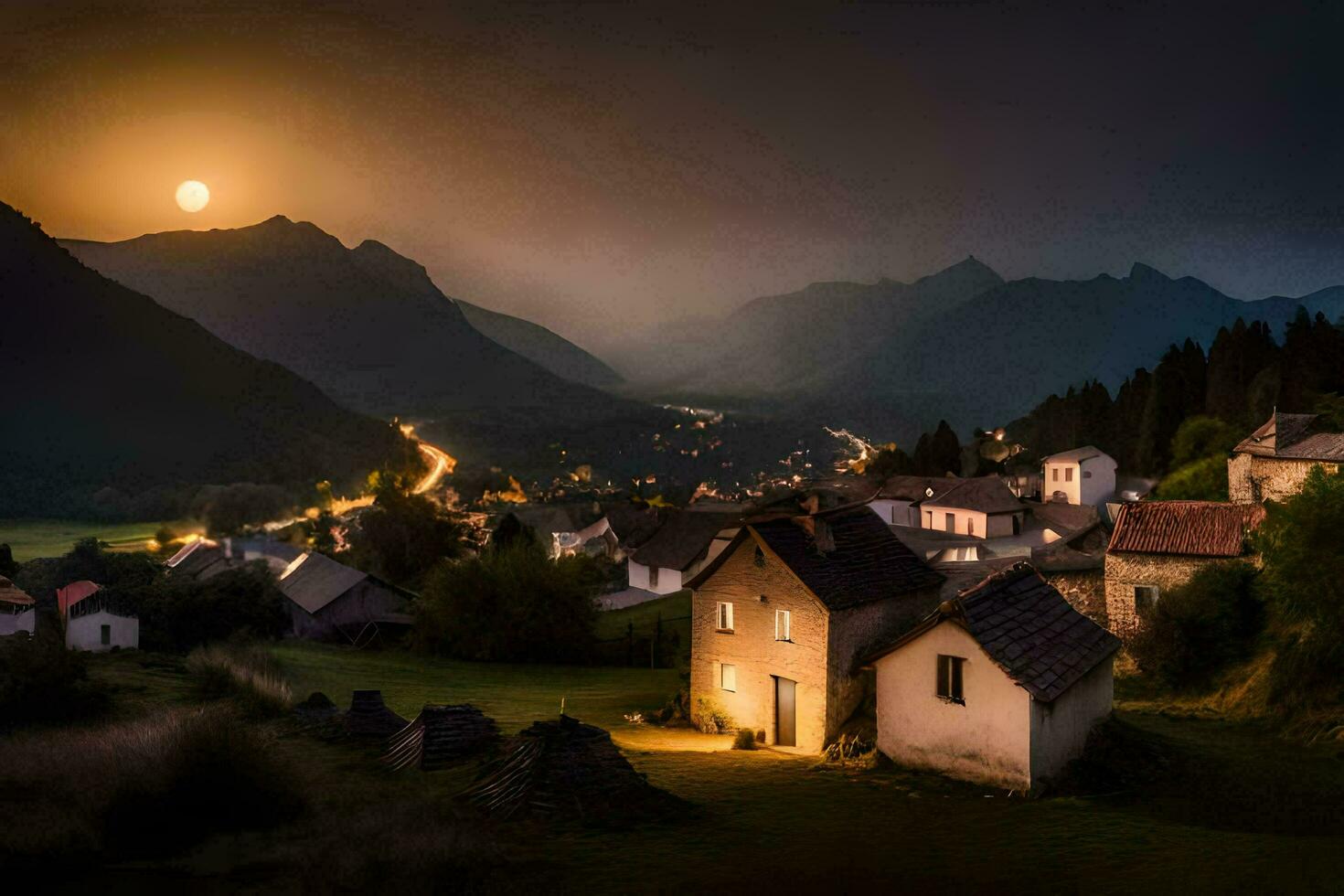 photo wallpaper the sky, mountains, the moon, the village, the moonlight, the village. AI-Generated