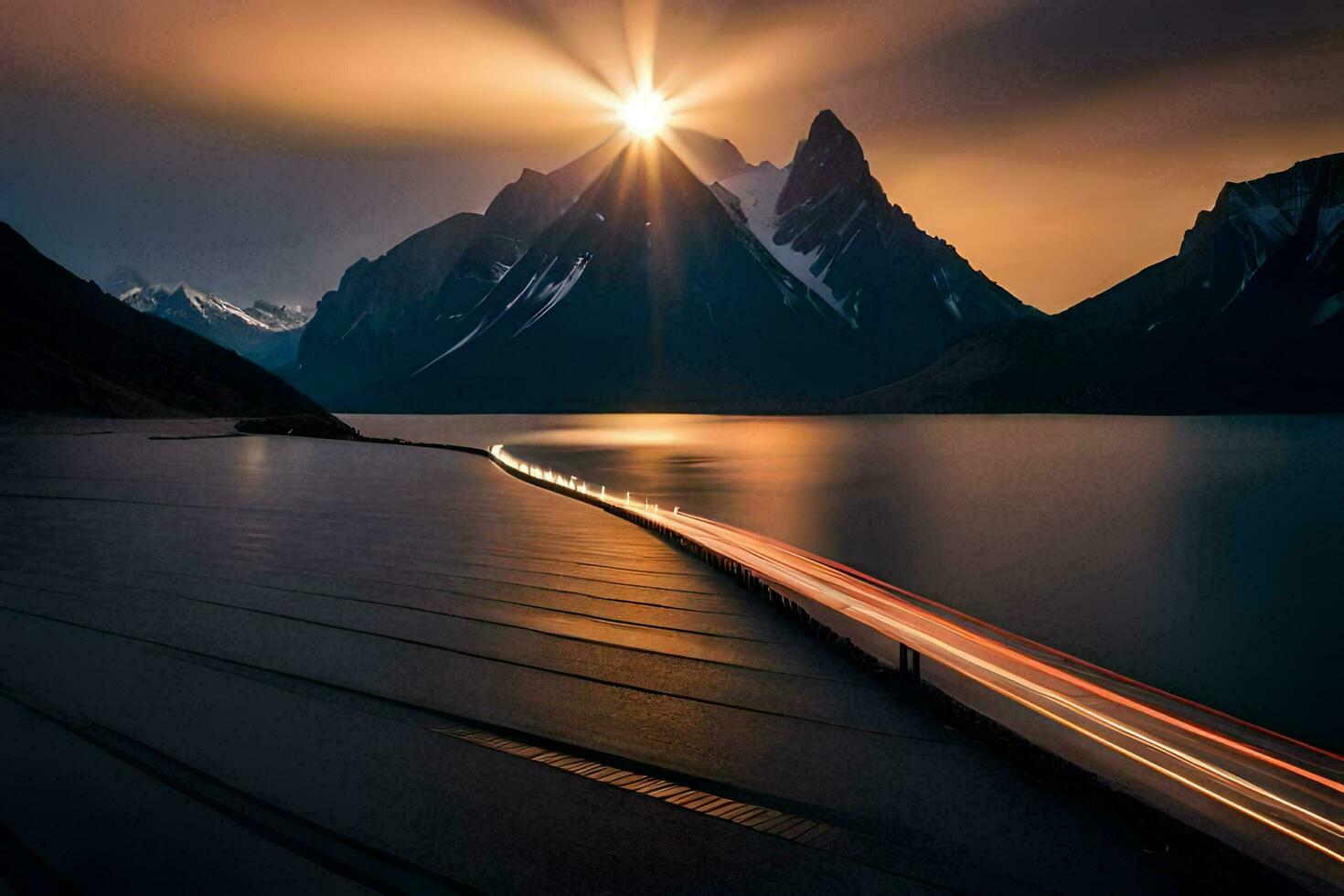 un coche unidades a lo largo un la carretera en frente de un montaña rango. generado por ai foto