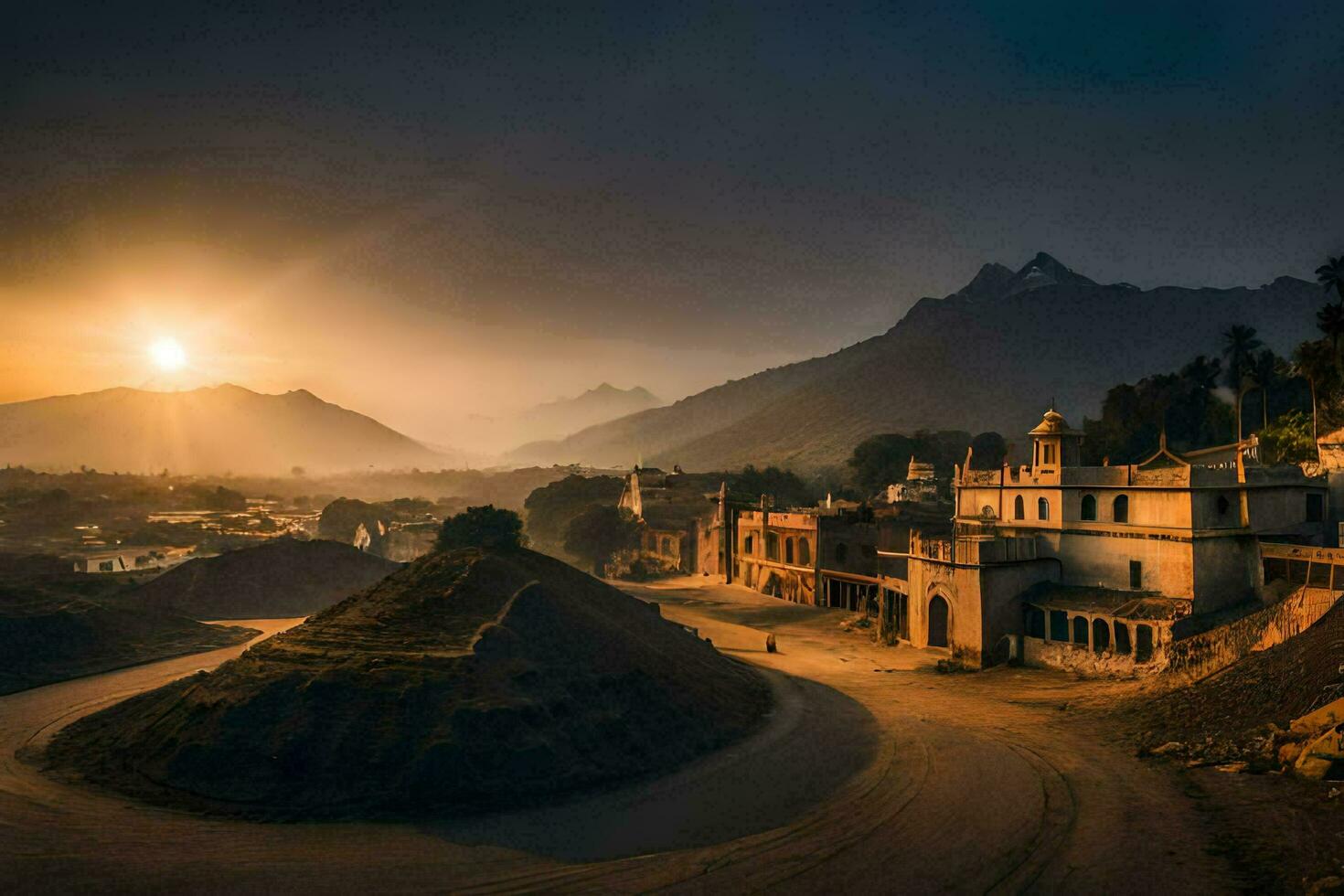 the sun rises over a town in india. AI-Generated photo