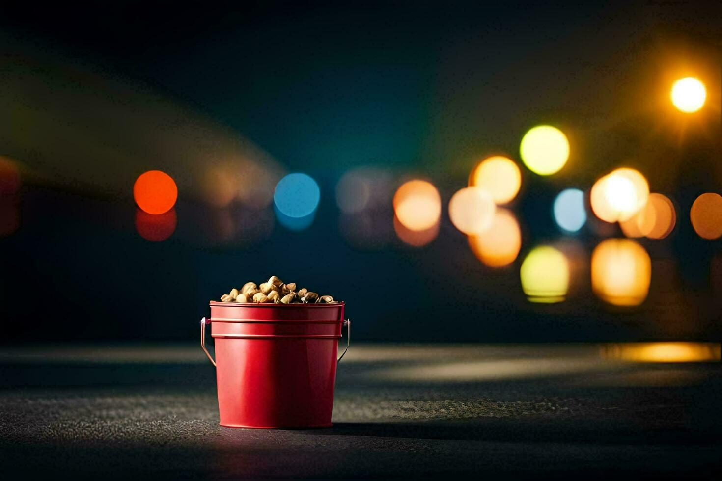 a red bucket filled with peanuts on the street at night. AI-Generated photo