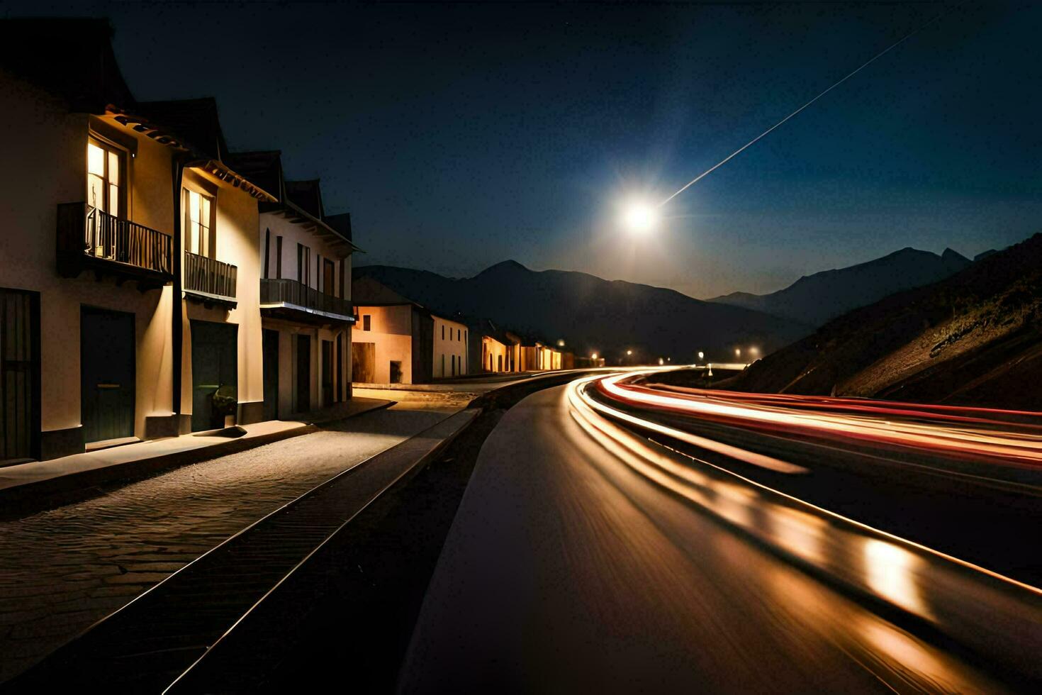 a long exposure photograph of a road at night. AI-Generated photo