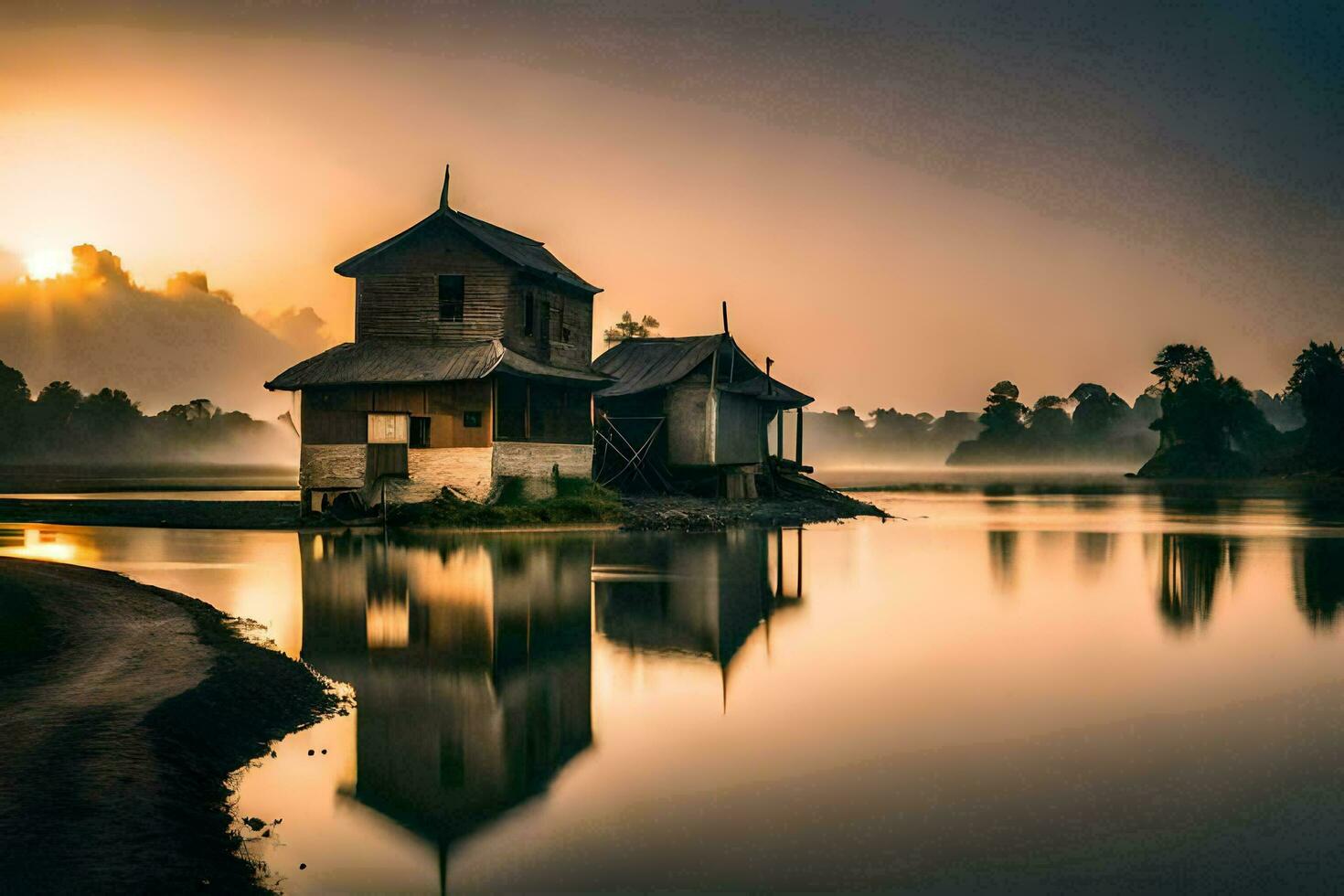 a house sits on the shore of a lake at sunrise. AI-Generated photo