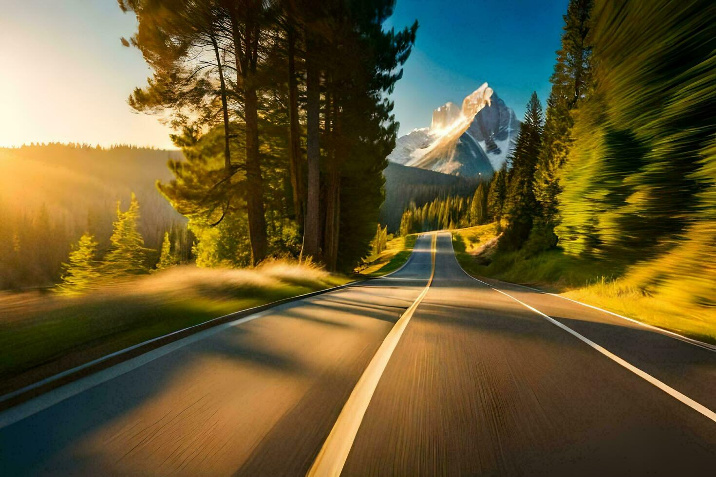 a road with trees and mountains in the background. AI-Generated photo