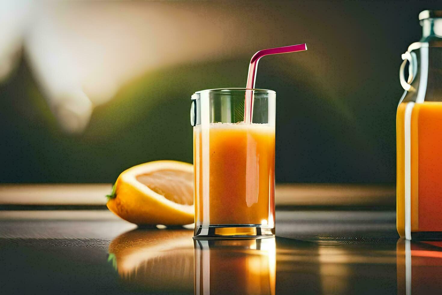 a glass of orange juice next to a bottle of juice. AI-Generated photo