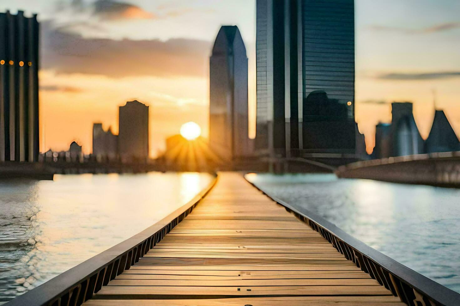 a wooden walkway leads to a city skyline at sunset. AI-Generated photo