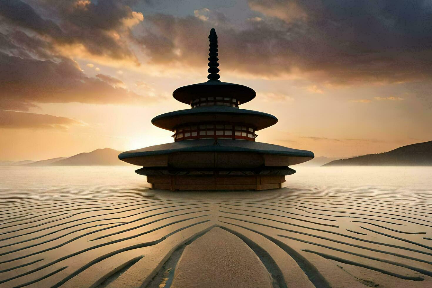 un pagoda se sienta en el arena a puesta de sol. generado por ai foto