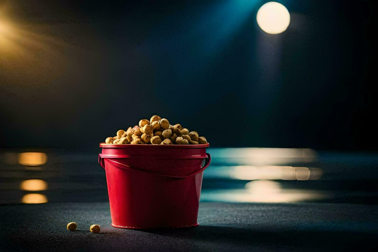 a bucket of peanuts sitting on a table in front of a light. AI-Generated photo