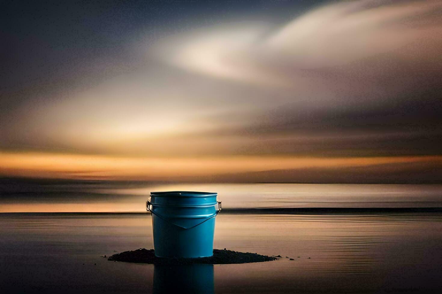 a blue bucket sitting on the beach at sunset. AI-Generated photo